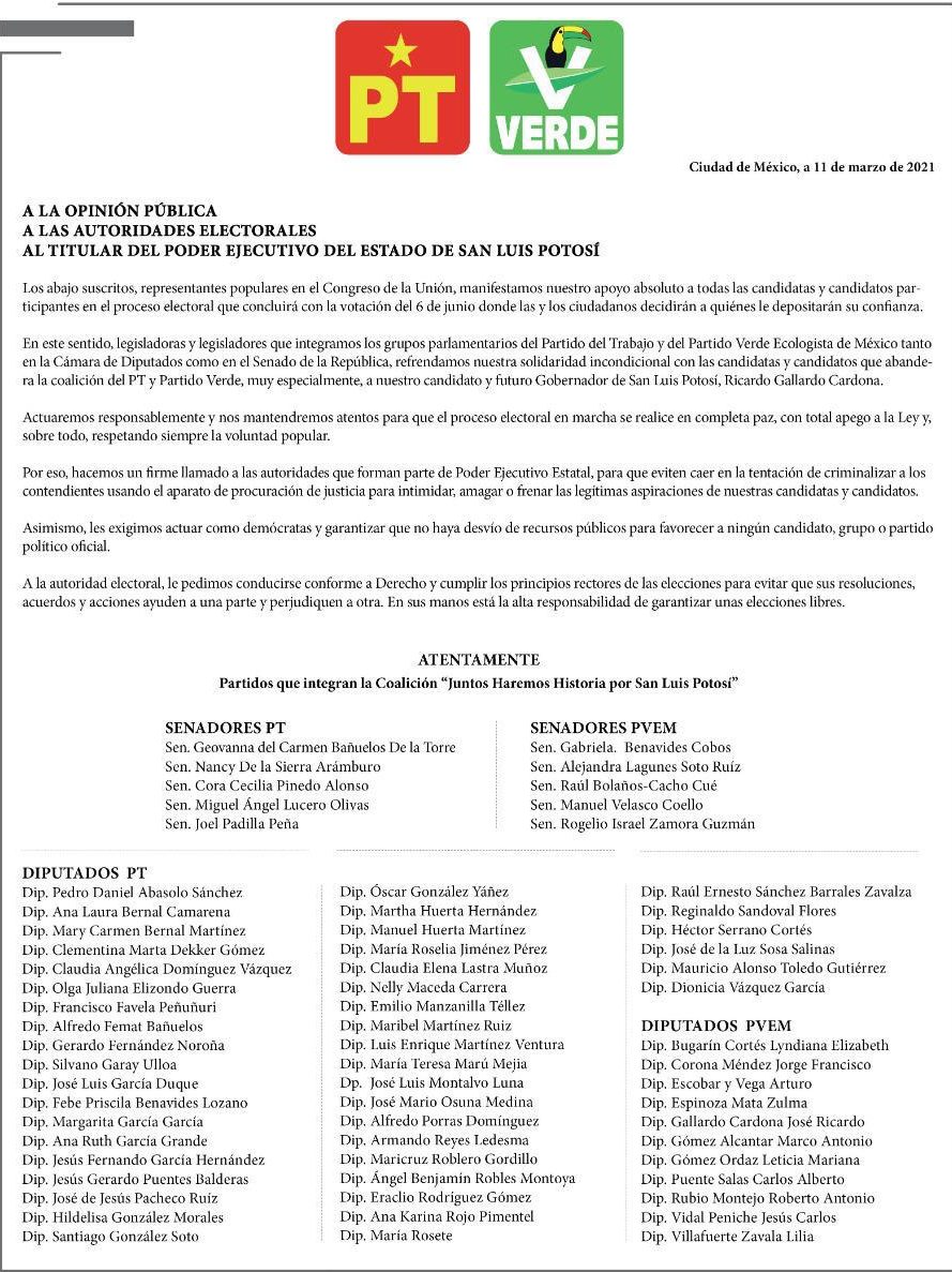 Diputados federales y senadores se suman a la "cargada" con Gallardo